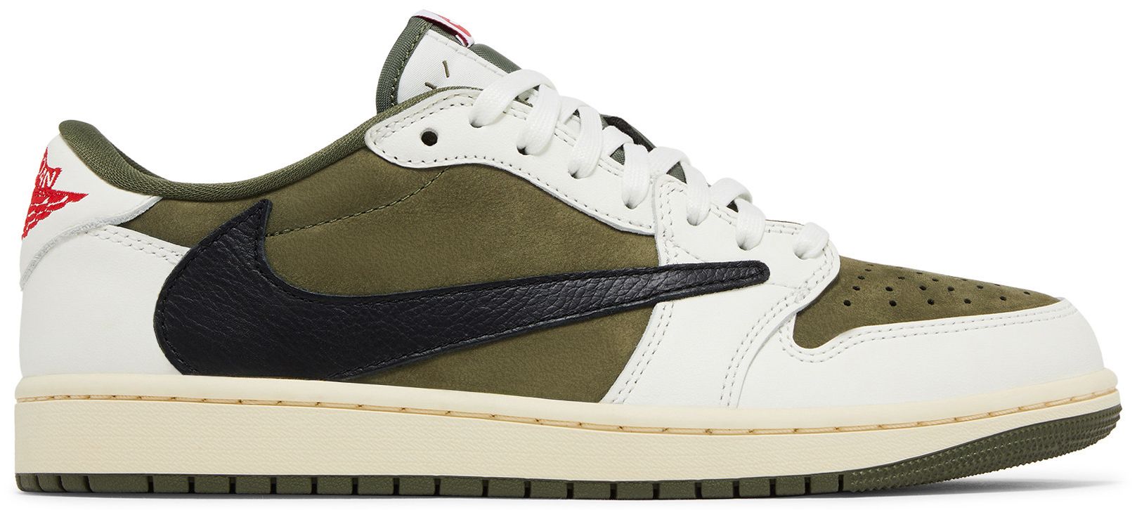 Olive and white Travis Scott low-top sneaker with a large black reverse swoosh